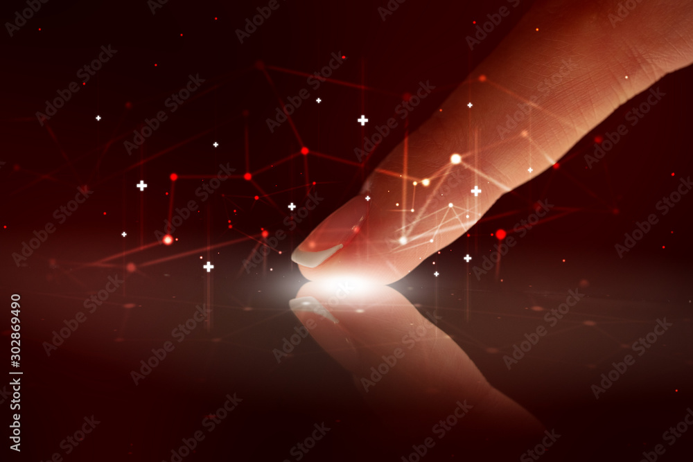 Poster finger touching tablet with global network concept and dark background