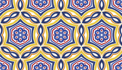 Embroidery in the traditions of Peru, Aztecs and Maya. Geometric folk ornament fabric.  Colorful seamless pattern in Spanish, Mexican, African,  American Indian rug. Tribal embroidery. Old carpet.