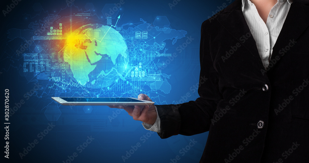 Poster hand holding tablet with global database concept