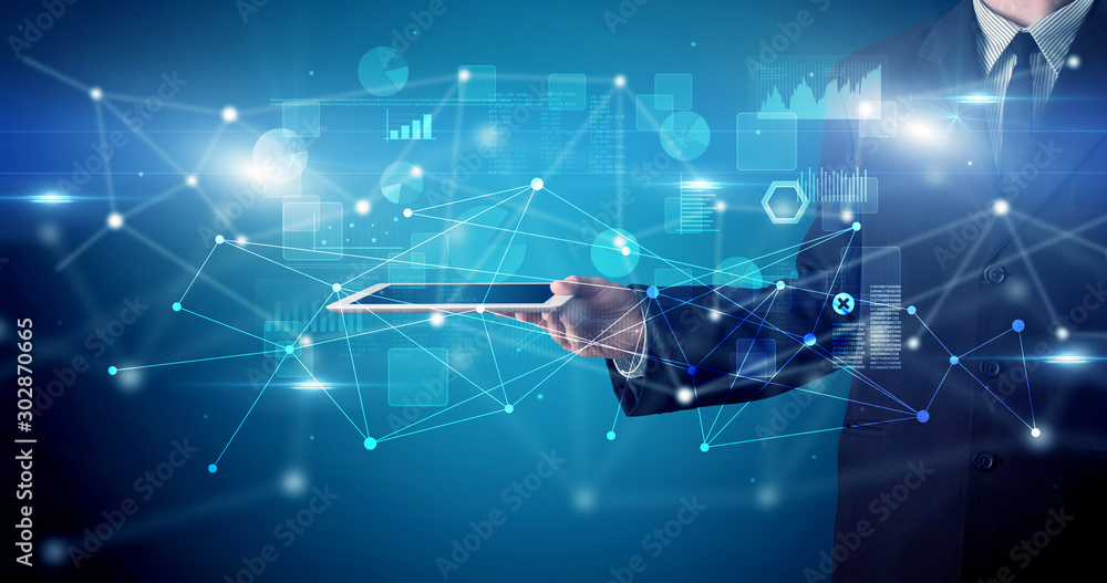 Poster Elegant hand holding tablet with virtual database and network concept