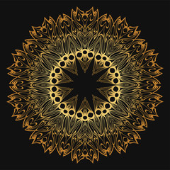 Luxury golden color Hand-Drawn Henna Ethnic Mandala. Circle lace ornament. Vector illustration. for coloring book, greeting card, invitation, tattoo. Anti-stress therapy pattern.