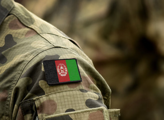 Flag of Afghanistan on military uniform. Army, troops, soldiers. Collage.