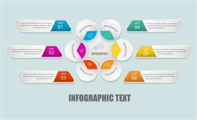 Modern infographic temple with circle and 6 text boxes for option. Vector illustration