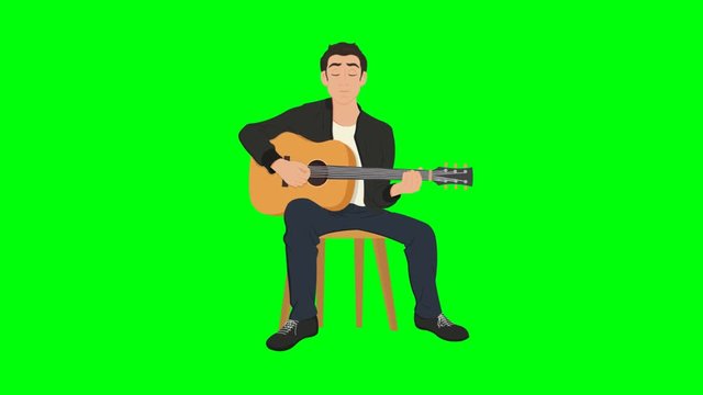 man plays the guitar while sitting on a highchair. animated vector character.