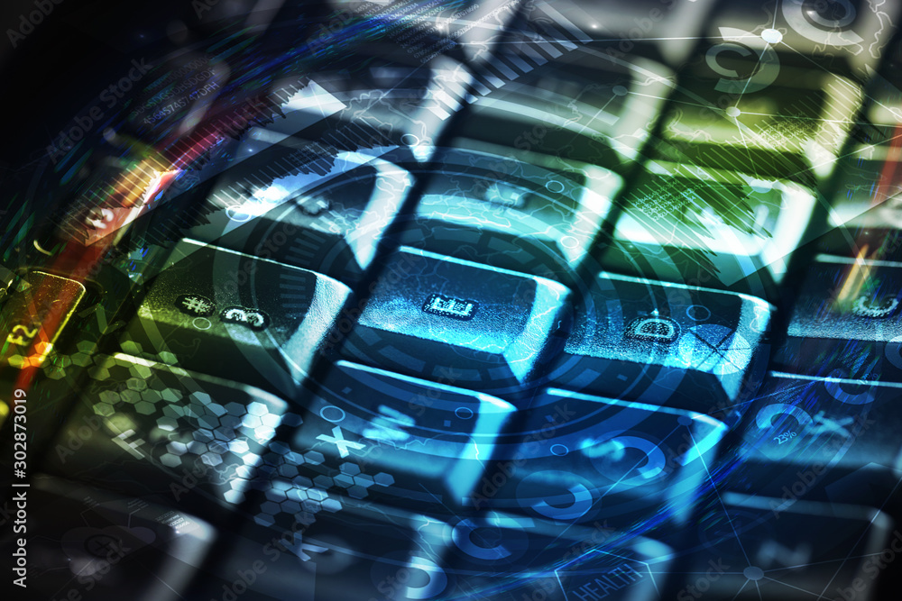 Poster close-up dark keyboard with cyber security concept