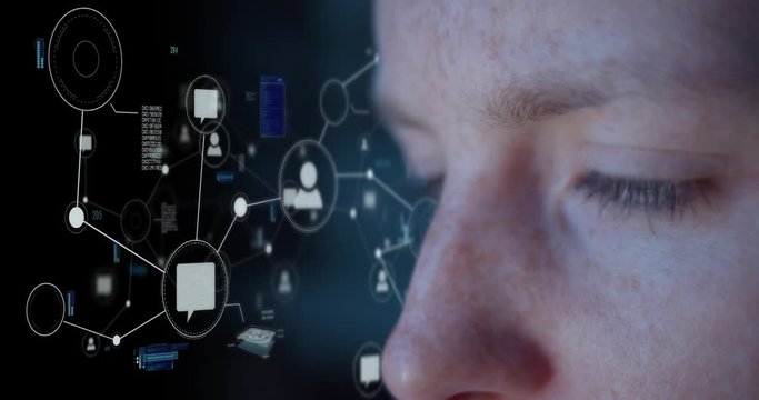 Young woman looks at a screen in a dark room - next to a digital network
