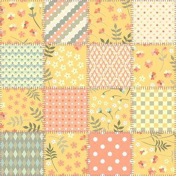 Patchwork seamless pattern with floral and geometric ornaments in warm pastel tones. Beautiful print for fabric.