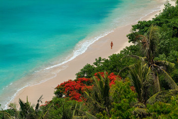 Aerial view of woman walking pristine white sand beach, Padang-Padang, Bali, Indonesia