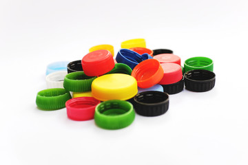 colorful plastic caps of PET bottles