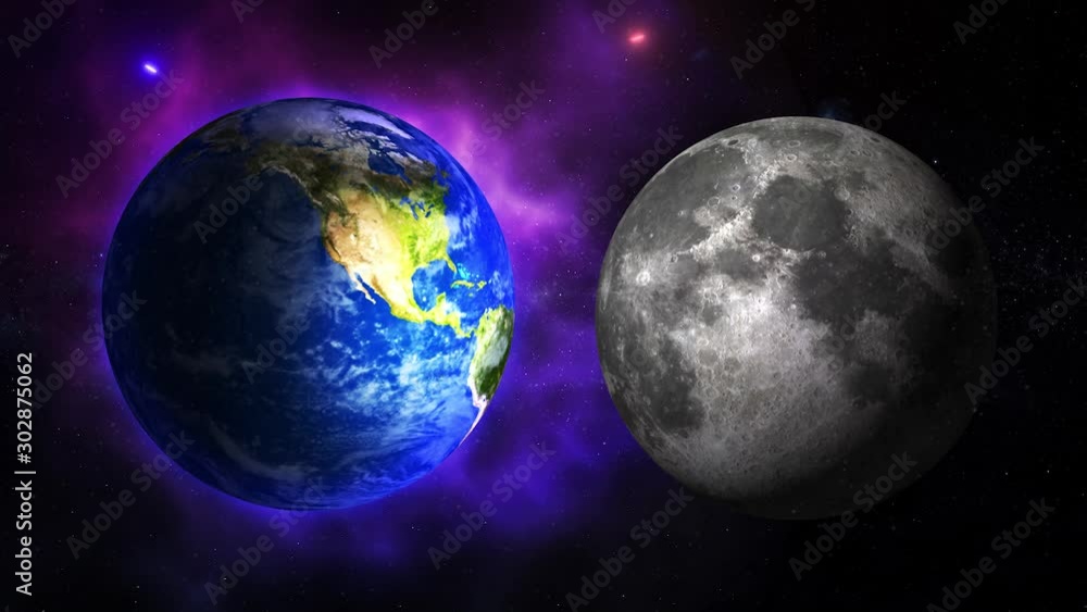Wall mural colored galaxy with moon and planet earth. moon and planet earth rotating and approach in open space