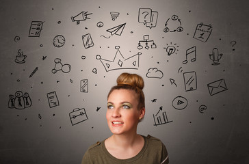 Pretty girl with drawn tasks above her head