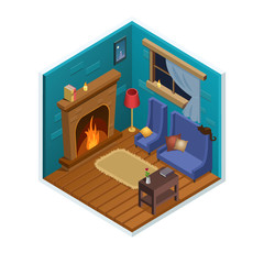 Obraz premium Isometric interior design cozy living room with fireplace. Vector illustration