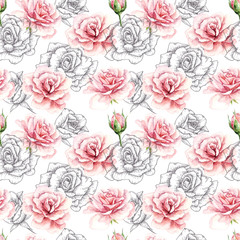 seamless pattern with watercolor roses. wedding invitation, vintage style, fabric, bedding textile, wallpaper, background, girl, pink