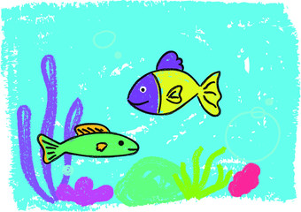 Fototapeta na wymiar fish in the sea hand drawn crayon illustration blue underwater scene kid's drawing coral doodle