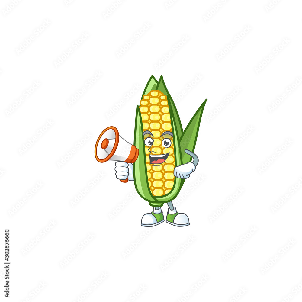 Poster Cartoon corn sweet with the character with holding megaphone