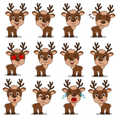 Set of expression of emotions of funny reindeer for christmas decoration isolated on white background - 302876821