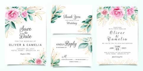 Elegant wedding invitation card template set with flowers decoration and outlined glitter leaves. Peach roses illustration for background, save the date, invitation, greeting card, poster