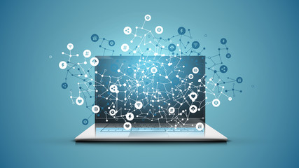 Realistic laptop with network and icons on blue background, vector illustration