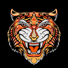 Angry tiger silhouette, colorful traditional tattoo style Tiger face. Chinese Tiger roaring tattoo.