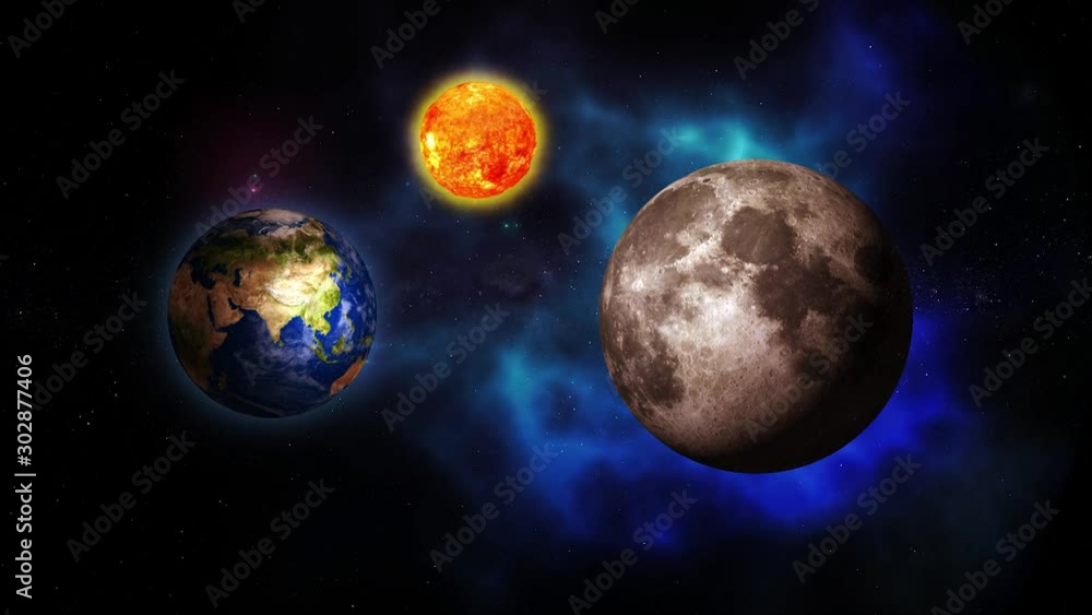 Wall mural blue galaxy with moon sun and planet earth. sunrise and sunset in space on moon and planet earth. su