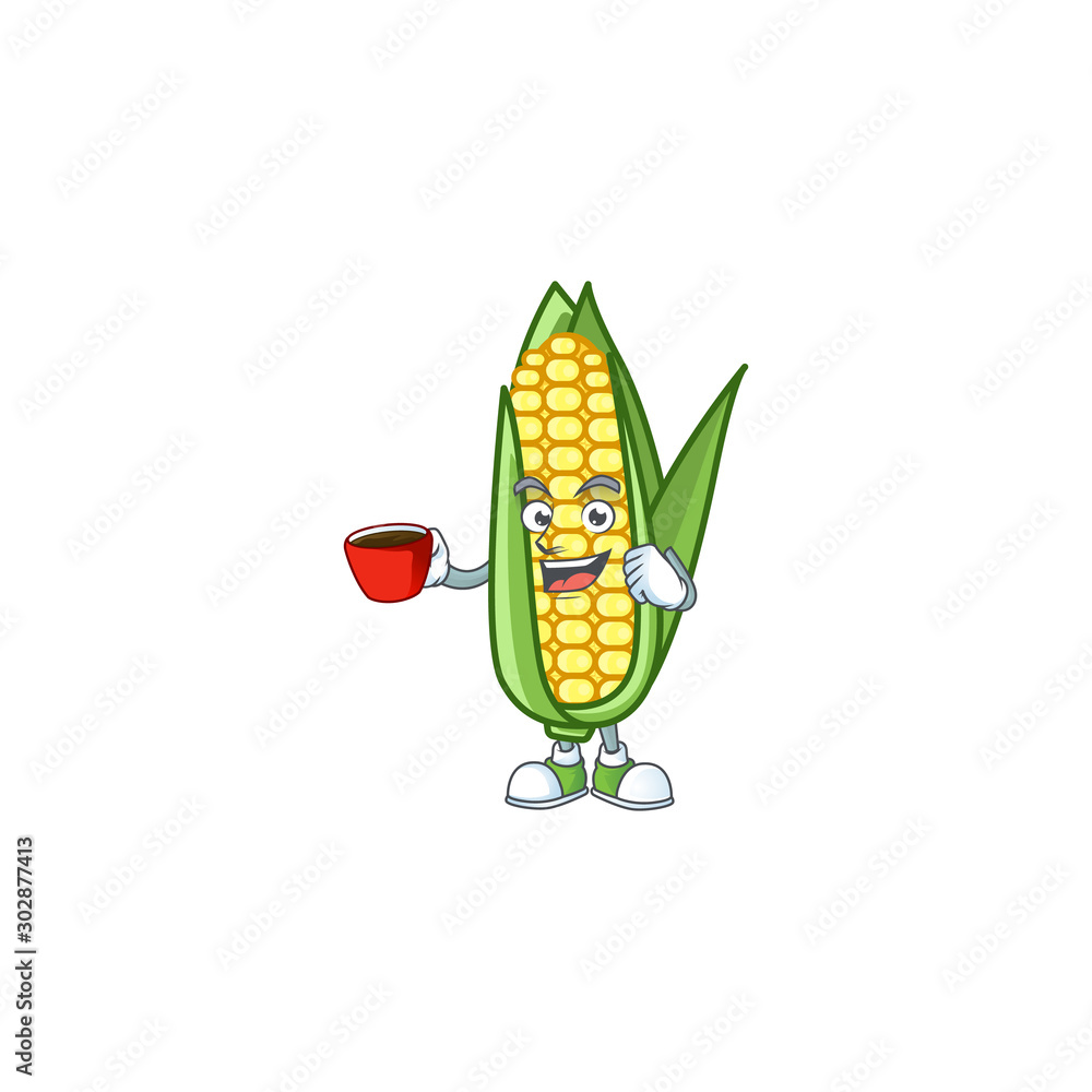 Sticker Cartoon corn raw with the character drinking in cup