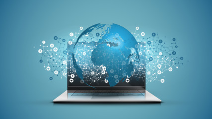 Realistic laptop with 3D world map with blue background, vector illustration