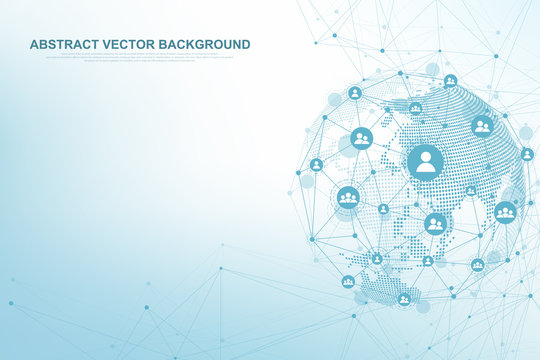 Global Structure Networking And Data Connection Concept. Social Network Communication In The Global Computer Networks. Internet Technology. Business. Science. Vector Illustration