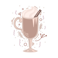 Flat illustration of eggnog with doodle decorations. Christmas treat. Holiday Gogol Mughal. Vector picture for cards, banners and your creativity.