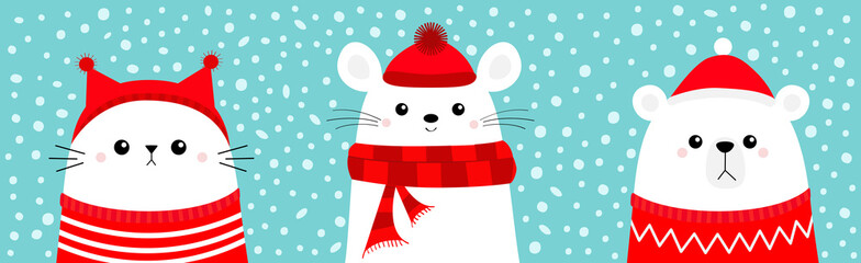 White bear cub Mouse Cat head face wearing red Santa hat knitted ugly sweater, hat, scarf. Merry Christmas. Cute cartoon kawaii baby character. Arctic animal. Flat design. Winter snow background