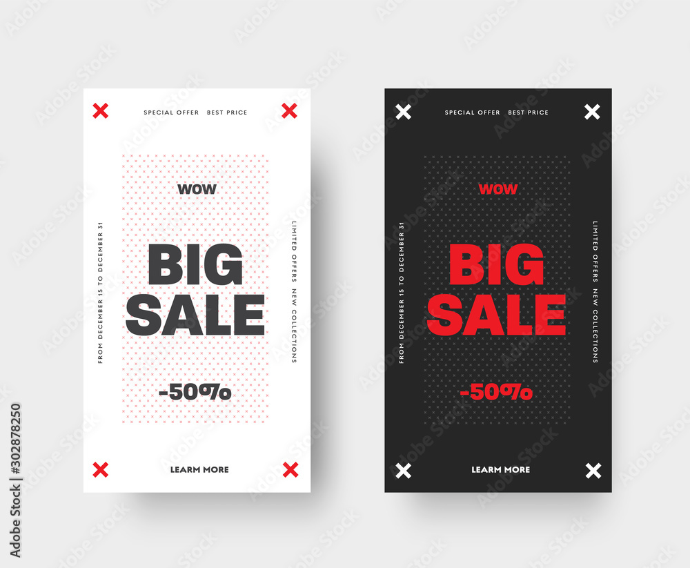 Aufkleber Set of 2 vector white and black patterns and red elements for mobile applications and social media. Design a banner with a cross and a 50% discount on a big sale, special offers.