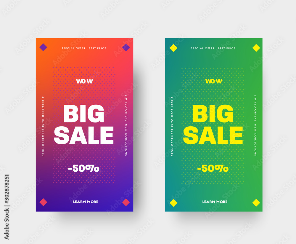 Poster Vector banner with gradient,.color pattern, with a rhombus and a discount of 50. A template for big sales and a special offer. Design for mobile applications and social media..