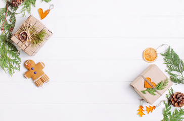 Frame of craft paper wrapping gift boxes decorated with natural details