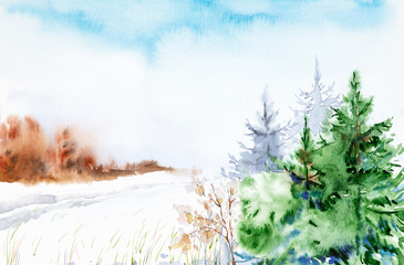 Winter colorful landscape of snowy forest. Hand drawn watercolor illustration