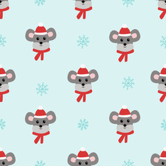 Seamless pattern with kawaii mouse and snowflake. Vector illustration.