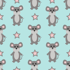 Seamless pattern with kawaii mouse and stars. Vector illustration.