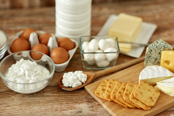 food and eating concept - close up of cottage cheese, crackers, bottle of milk, yogurt with butter and chicken eggs on wooden table