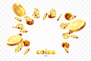 Realistic Gold coins explosion. Isolated on transparent background. - 302879894
