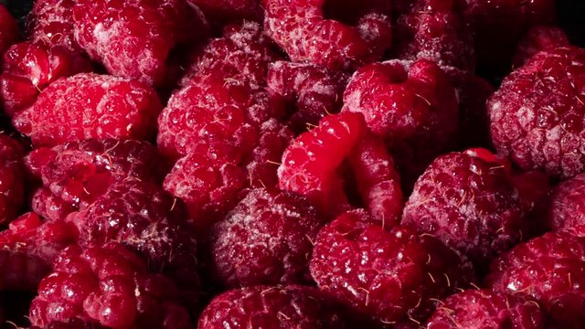 Close up shot showing defrosting frozen rasperries,ice melting,time lapse