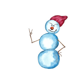 Funny smiling snowman teenager in cartoon style in knitted red hat, smiling and showing two fingers in Victory. Watercolor hand painted elements on white background.