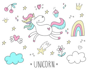 Hand drawn set with Cute unicorn print for kids. Vector illustration.