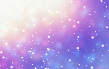 Snow fall on glare festive background. Xmas garland sparkler blurred texture. Yellow pink blue lilac iridescent gradient backdrop. Winter holiday illustration. New Year magical pattern.