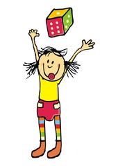 Little girl with dice. Cute vector illustration. One toddler throws dice. Colored picture on white background.