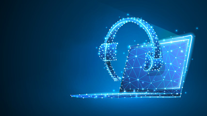 Headphones with microphone on a laptop screen. Online consultation, problem-solution concept. Abstract digital wireframe, low poly mesh, polygonal vector blue neon 3d illustration. Line dot