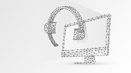 Headphones with microphone on a computer monitor. Abstract digital wireframe, low poly mesh, polygonal Raster white origami 3d illustration. Online consultation, problem-solution concept. Line, dot