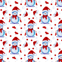 Christmas watercolor seamless pattern with snowmans and red hats .
