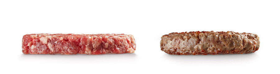Raw and cooked hamburger patties isolated on white background