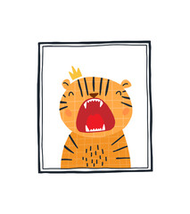 Baby print with a cute tiger in the frame.Hand drawn vector illustration in Scandinavian style design for kids. The concept for children's textiles, postcards, baby shower, babywear, nursery.