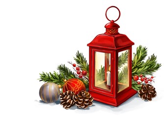 Red vintage lantern with a burning candle with Christmas toys, Decorative Christmas ornament, art illustration painted with watercolors isolated on white background © vladischern