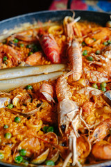 Paella on a table of a restaurant