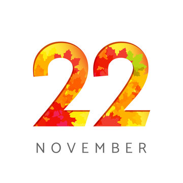 22 nd of November calendar numbers. 22 years old autumn logotype. Anniversary digits with leaves. Isolated abstract graphic design template. White background. Up to 22% percent off creative discount.